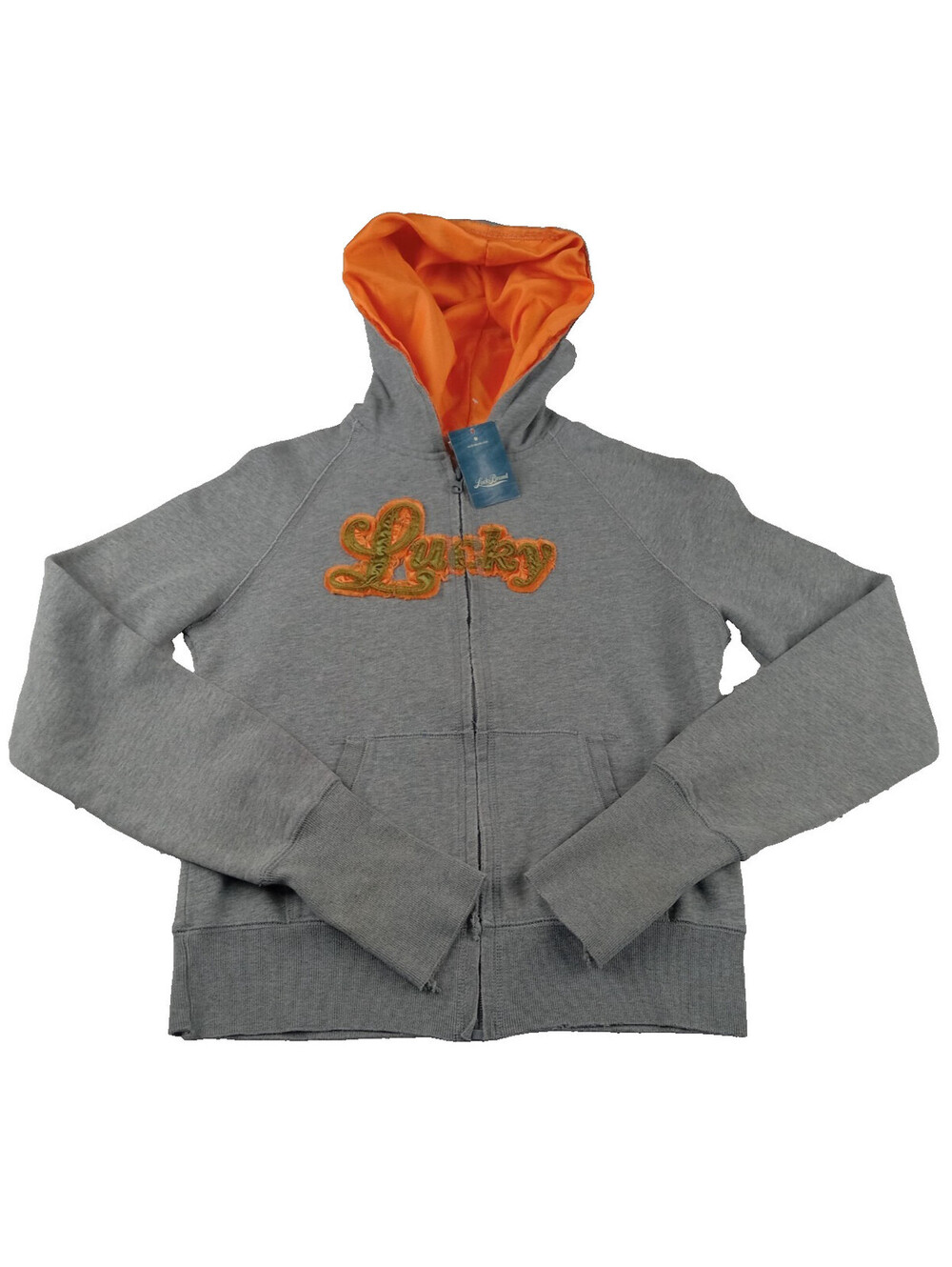 Lucky Brand Hoodie Womens Small Gray Orange Textured Logo Full Zip Sweatshirt S